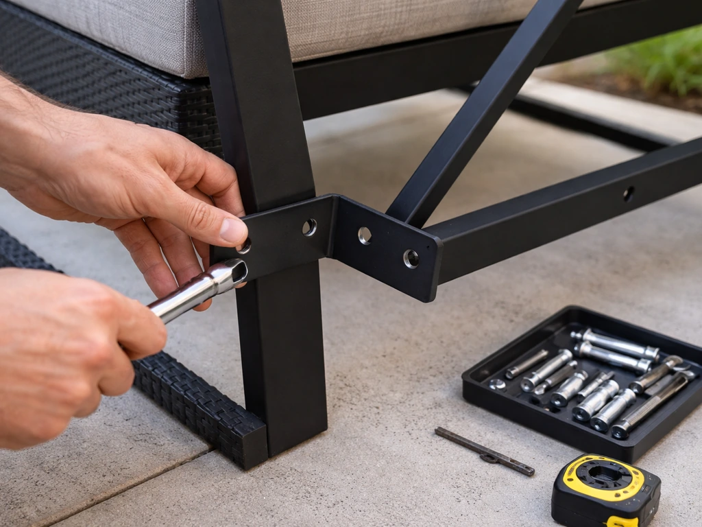 Patio furniture being assembled on a patio, with hardware and tools nearby and a misaligned hole adjustment