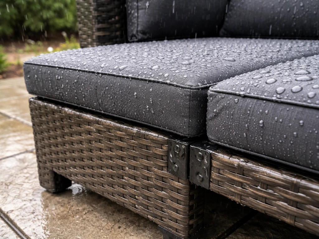 Outdoor PE wicker furniture with waterproof cushions and powder-coated steel frame, rain-shedding droplets.