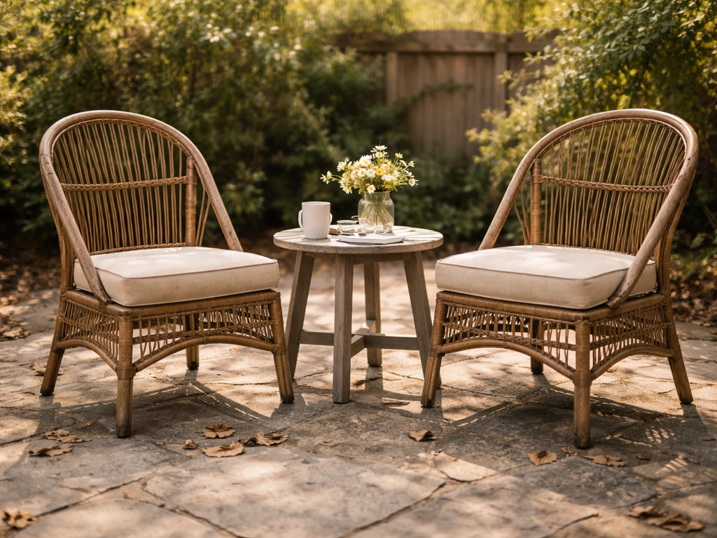 Natural-toned bistro patio chairs on weathered stone with neutral cushions and soft sunlight, no people.