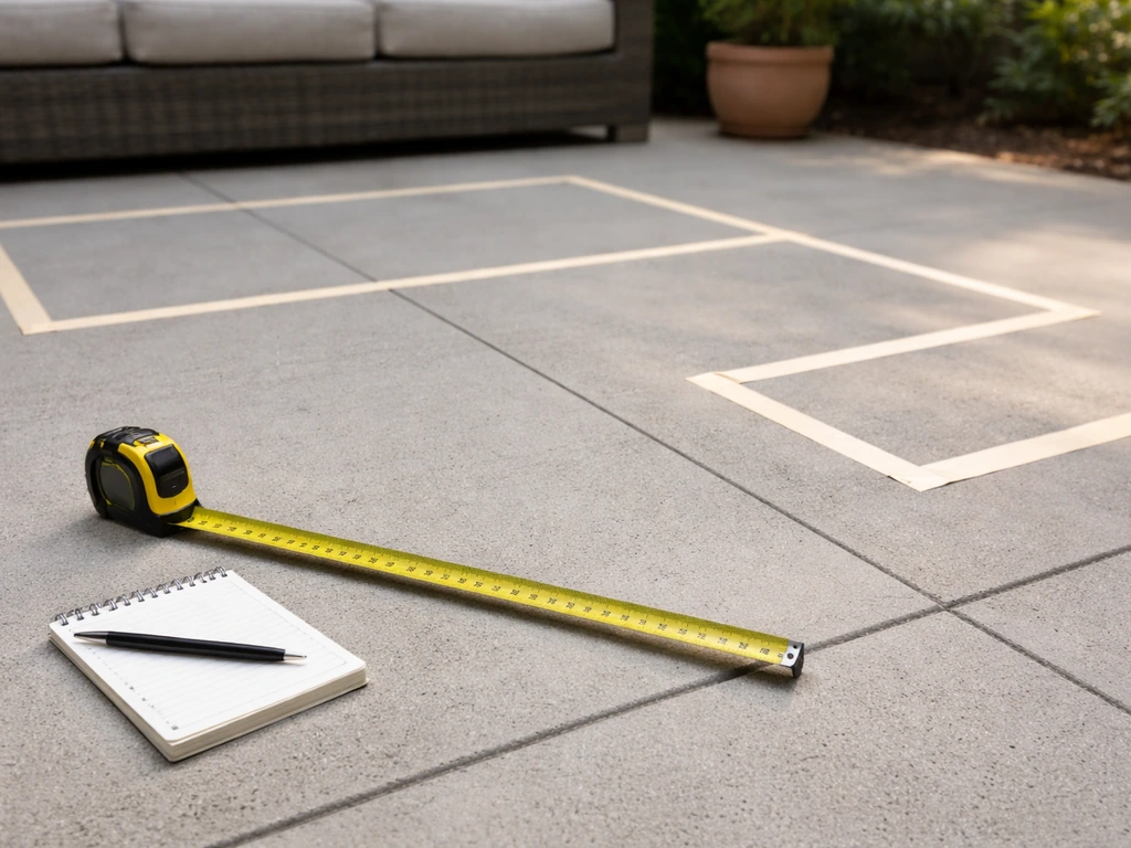 Tape measure and notepad on a patio beside a minimal sectional footprint outline for spacing checks