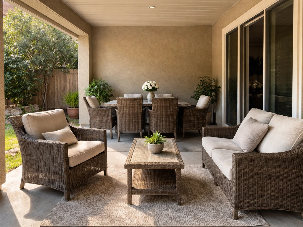 Covered patio with cushioned outdoor dining and conversation furniture sets arranged neatly.