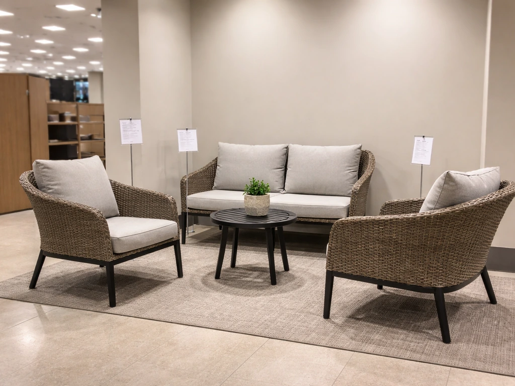 Outdoor patio furniture display with branded-style cushions and signage in a quiet retail aisle