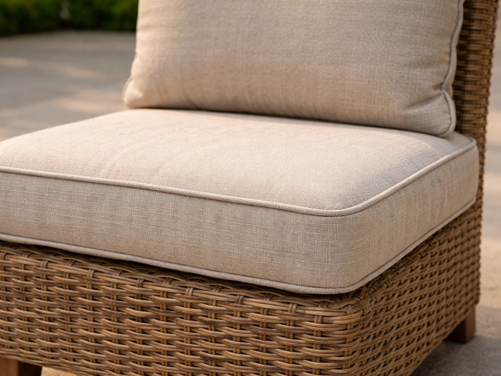 Close-up of cushioned dining chair seat and back padding over an all-weather wicker base