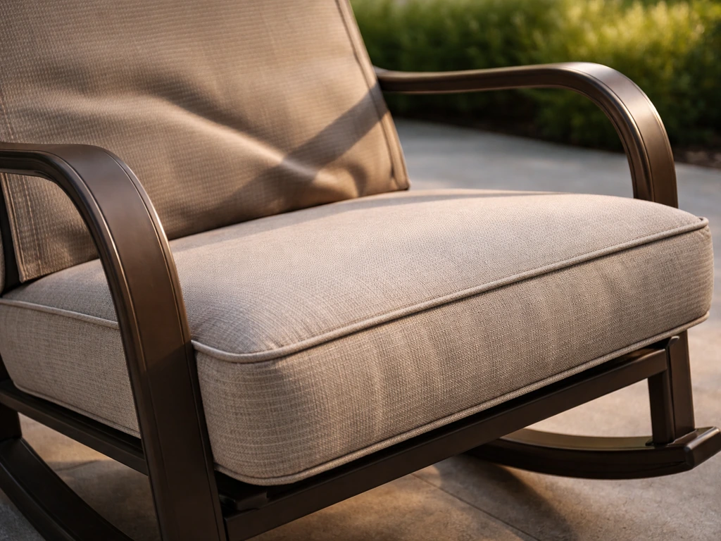 Close-up of a cushioned sling lounge chair and rocker seat showing texture and sturdy frame