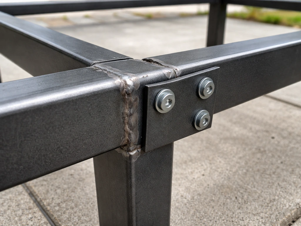 Close-up of a metal patio set’s weld points and bolts on a frame joint in natural light.
