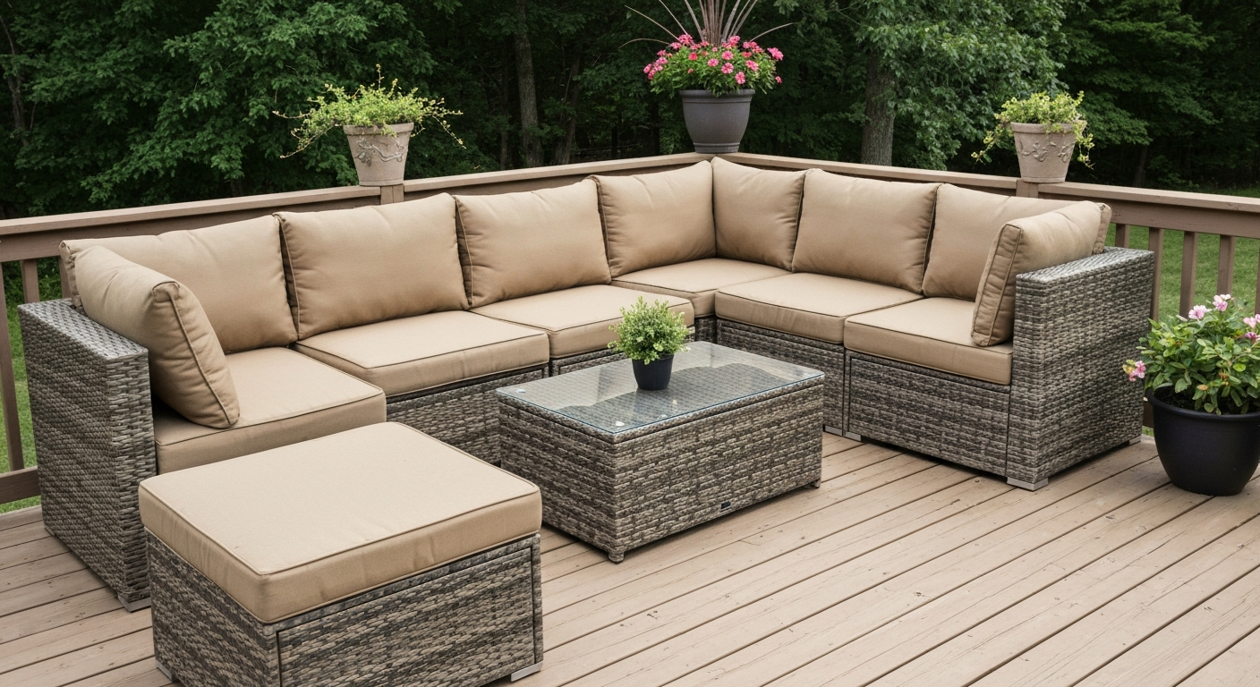 Mid-range resin-wicker sectional with tan cushions on a backyard deck, editorial product-shot style