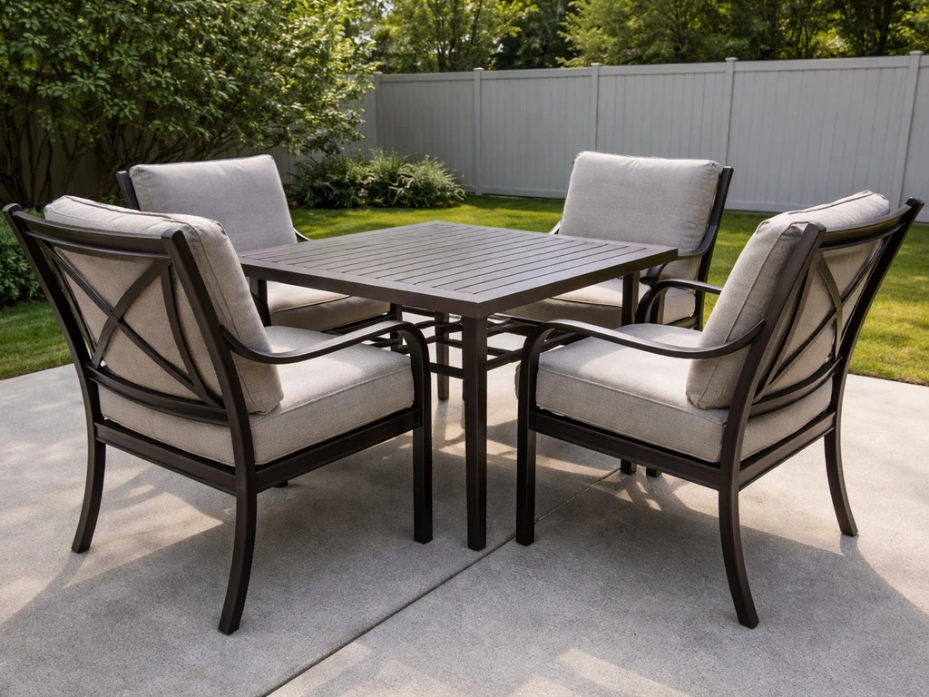 Outdoor patio dining set with cushioned chairs and a sturdy rust-resistant frame, in natural daylight.