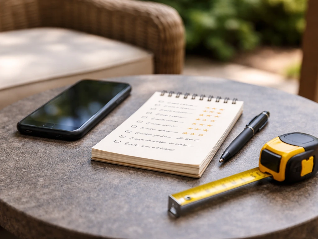 Smartphone beside measuring tape and small notepad with star-rating callouts on an outdoor patio table
