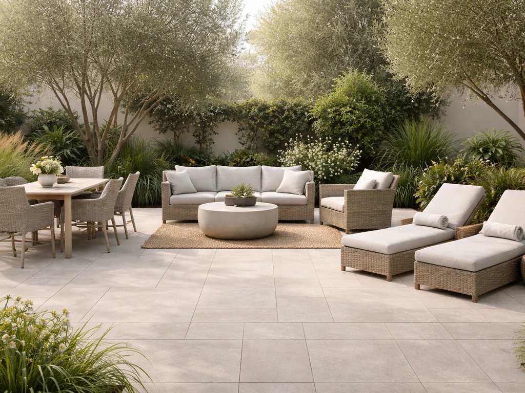 Side-by-side outdoor showroom displays: dining set, conversation set, and chaise lounge set.