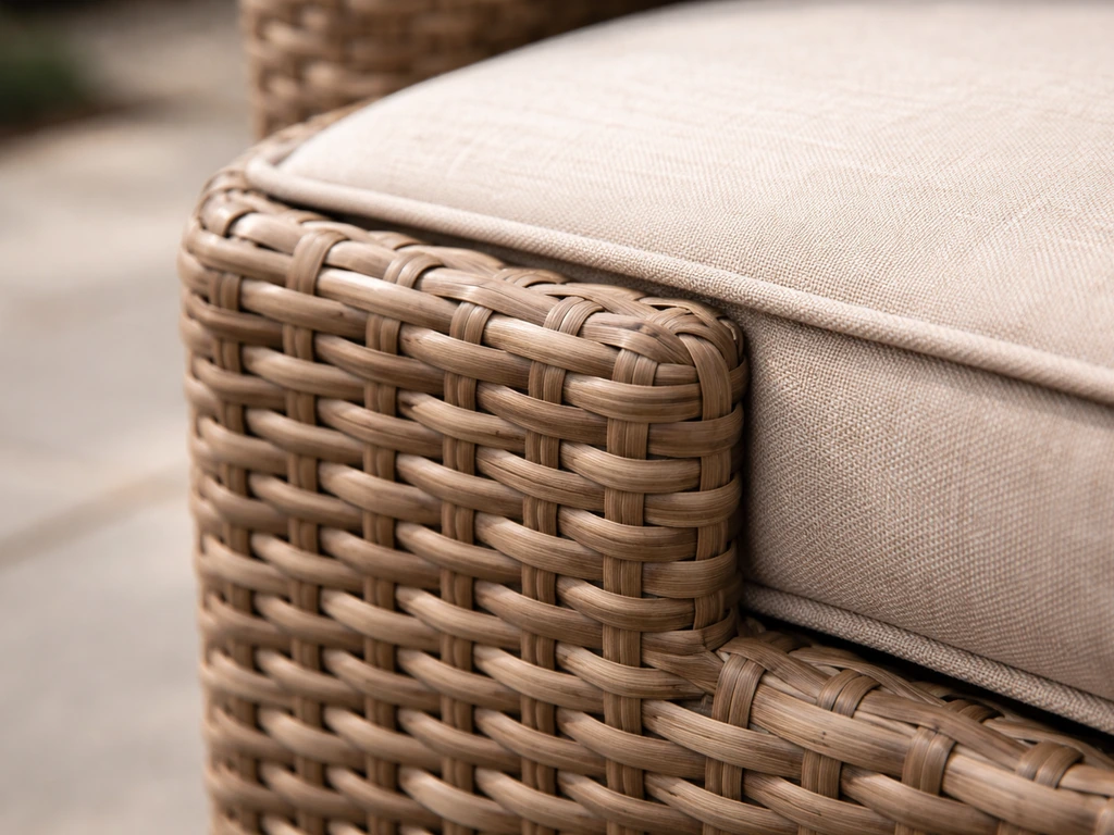 Close-up of a PE rattan wicker chair weave with the cushion edge in soft daylight.