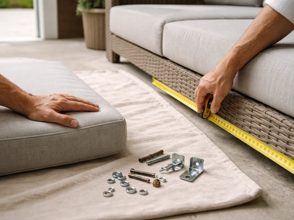 Hands measure patio clearance with a tape measure while checking cushion thickness and inspecting hardware pieces.