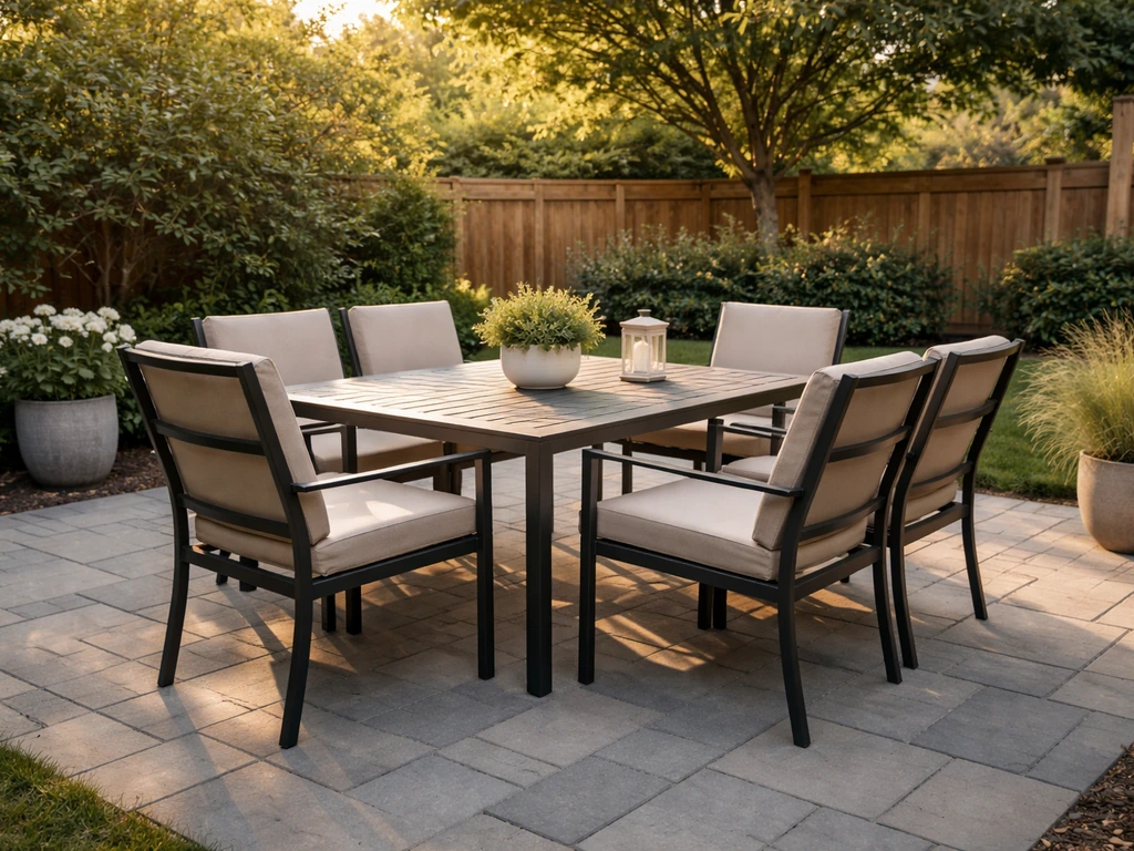 Sunlit outdoor patio with a tidy aluminum cushion dining set, inviting for Hanover patio furniture reviews.