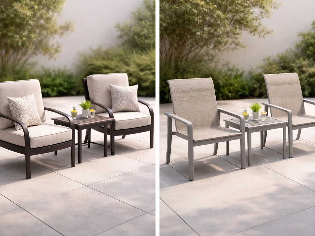 Two distinct Hanover-style patio furniture sets side by side, showing cushion vs sling materials and silhouettes.