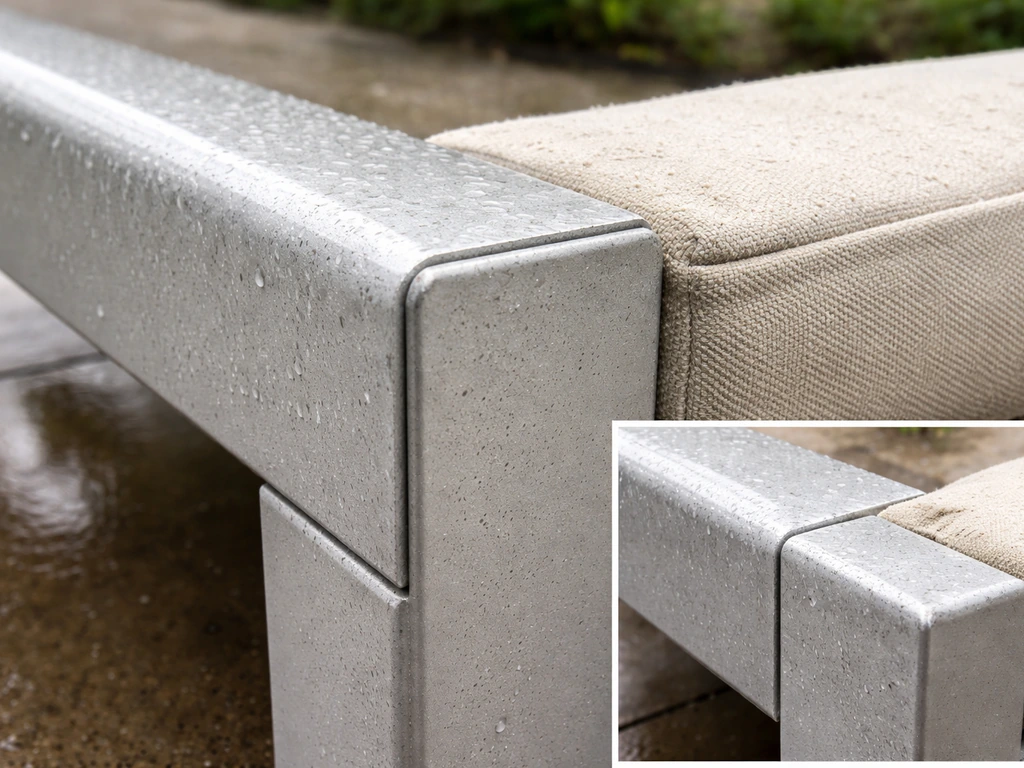 Close-up of powder-coated aluminum frame and foam showing subtle oxidation and UV wear outdoors.