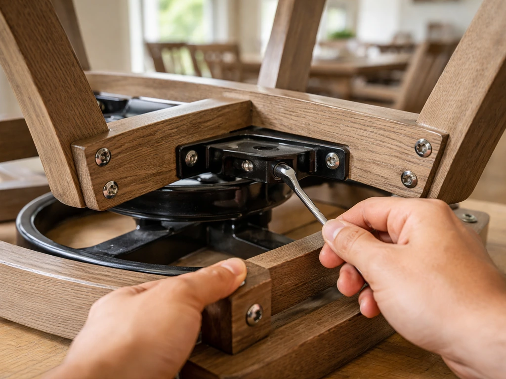 Close-up of hands assembling a multi-piece dining chair, aligning hardware near a swivel rocker joint.