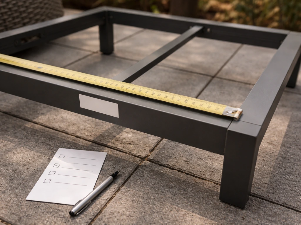 Patio furniture frame with model label and measurement tape laid beside it, checklist-style close-up.