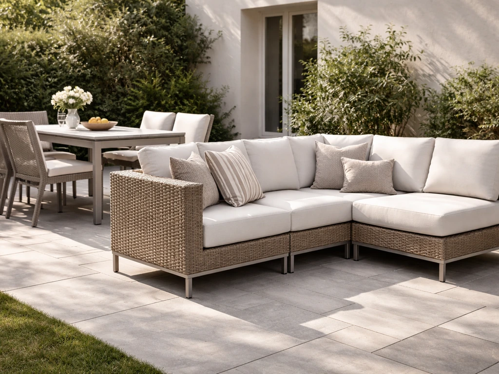 Inviting outdoor patio with modular wicker sectional and dining set in natural sunlight