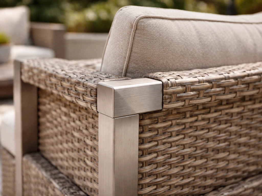 Close-up of a premium outdoor patio set showing welded aluminum frame and woven wicker texture
