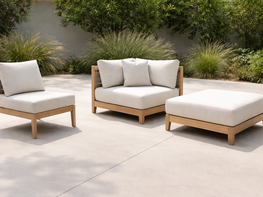 Modular outdoor seating layout with a dining chair, sectional deep seat, and chaise/ottoman on a patio.