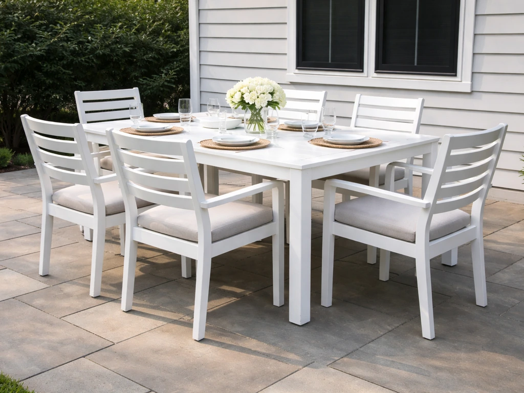 Minimal outdoor patio dining setup with a white dining table and four spaced chairs in natural light.