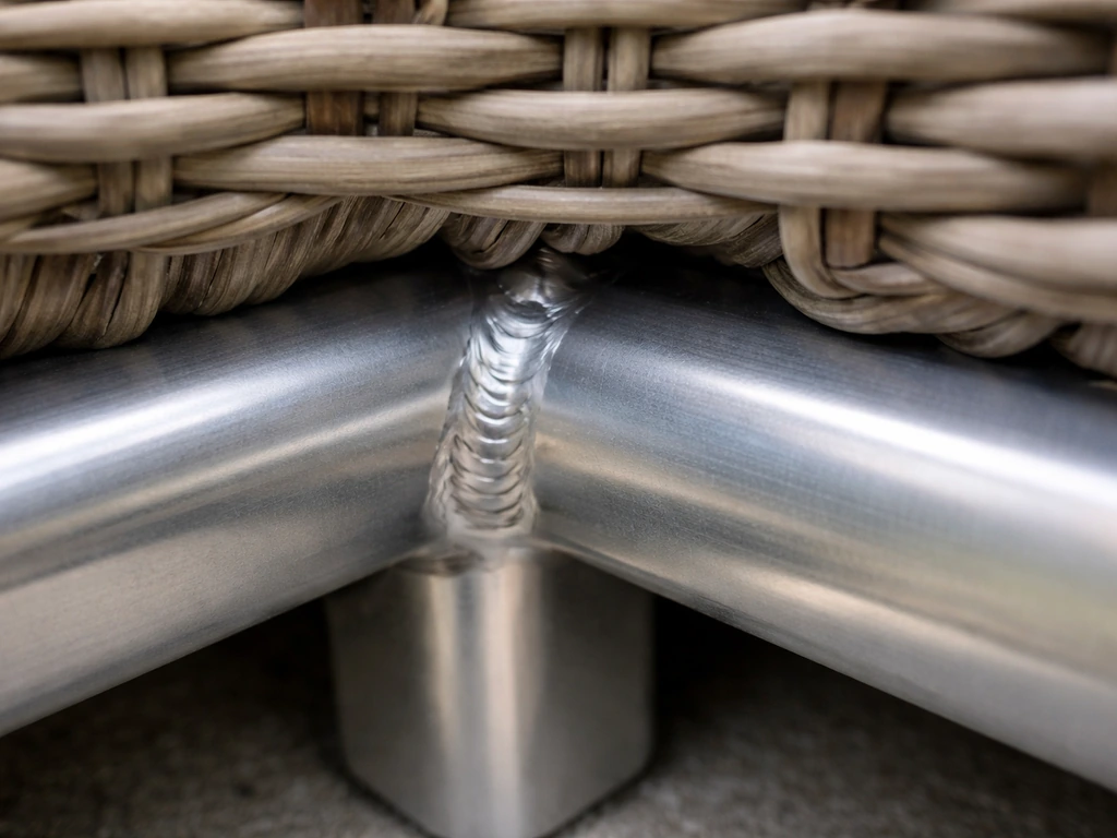 Close-up of a fully welded aluminum frame joint beneath wicker wrap on an outdoor sofa