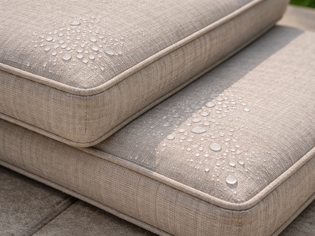 Close-up of outdoor cushion fabric weave with stitched edges and water beading for weather-resistant performance