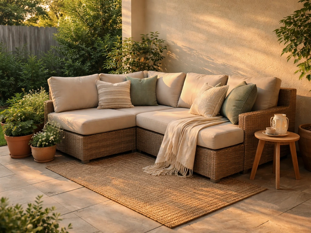 Inviting L-shaped patio conversation set with cushions, side table, and potted plants in a warm outdoor corner.