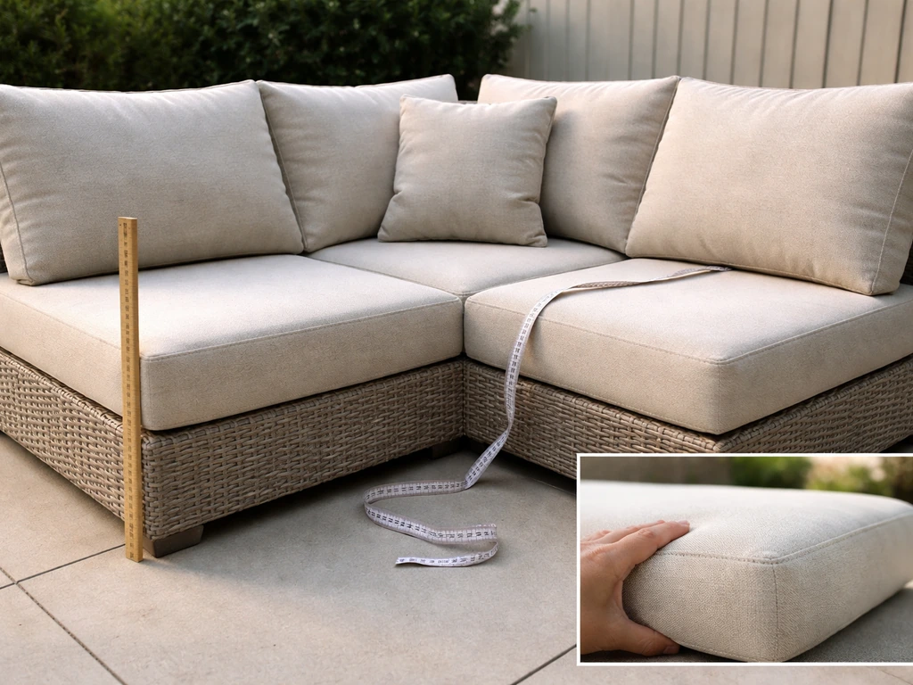 Corner outdoor sectional with cushions arranged to show seat depth and cushion thickness, no people.