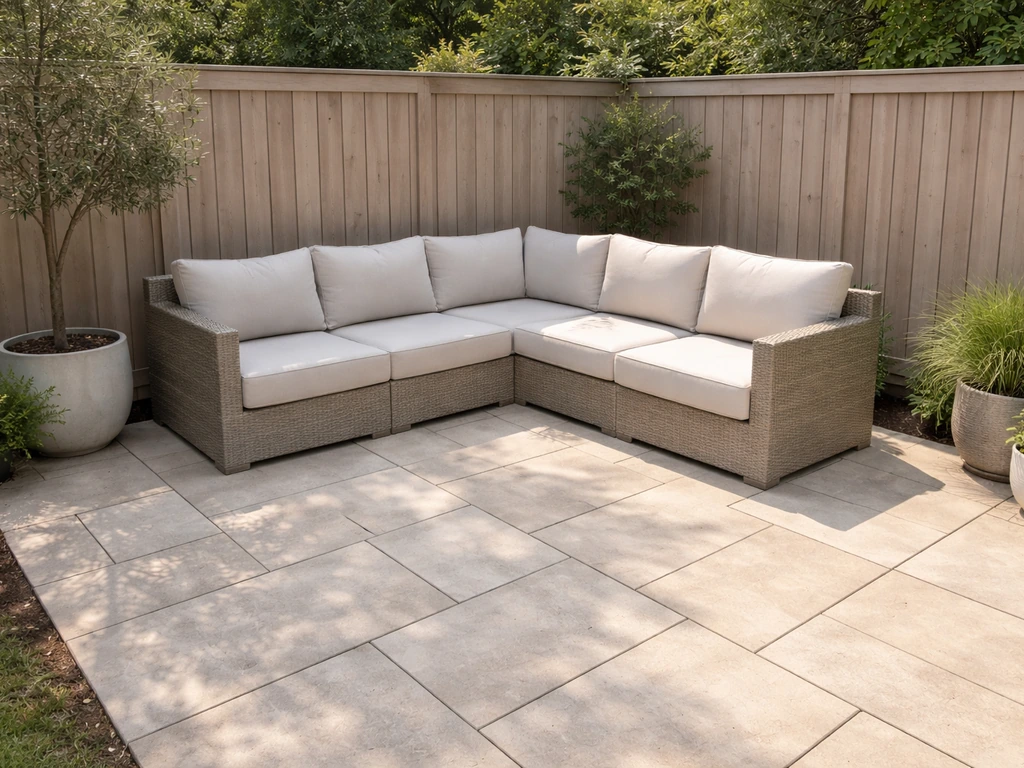Angled view of an outdoor patio corner with an L-shaped sectional layout and clear walking space