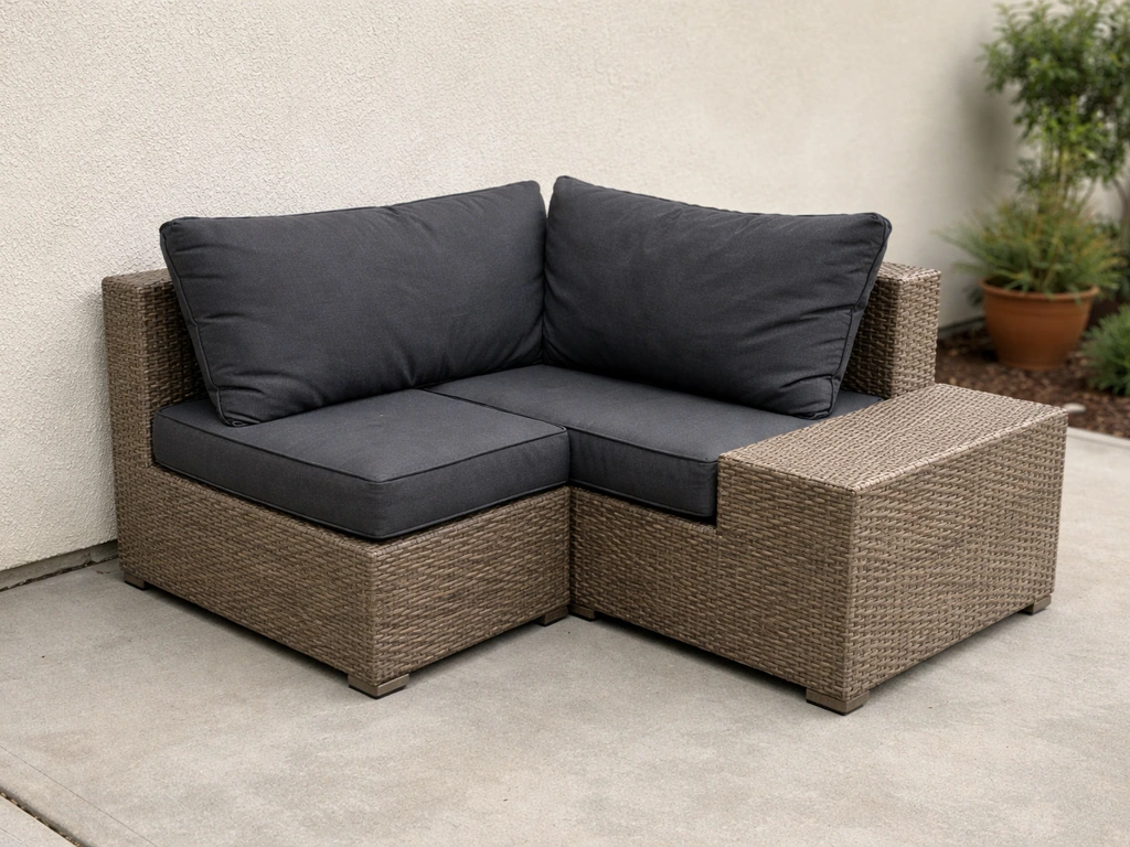 Outdoor patio corner wicker conversation sectional set with a budget-friendly, cozy setup
