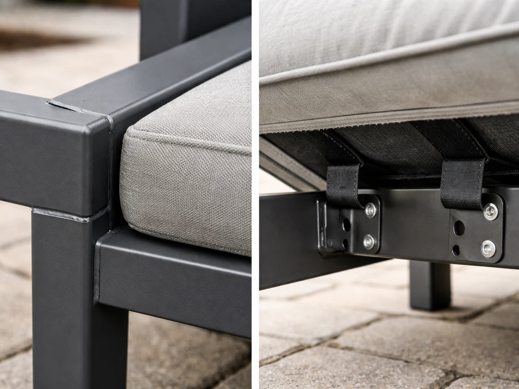 Close-up of powder-coated aluminum frame joinery and cushion mounting details on an outdoor corner set