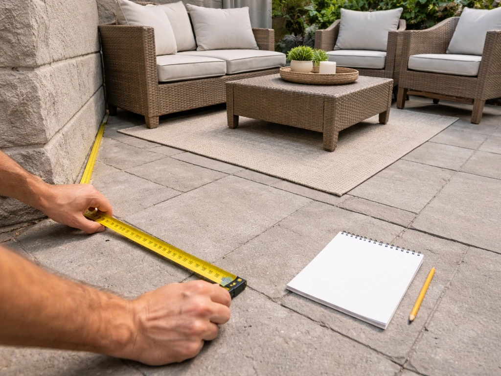 Hands measuring a patio corner with a tape measure and small furniture cushion groupings on pavers.