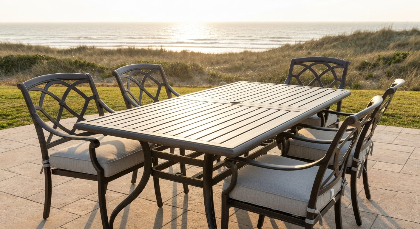 Monterra-style 5-piece cast-aluminum dining set on a coastal patio at golden hour, showing powder-coat texture and Sunbrella cushions.