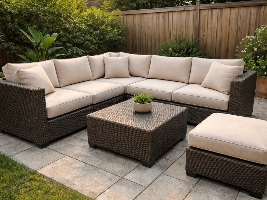 Outdoor modular patio sectional with cushions on a backyard patio, neutral tones and woven frames.