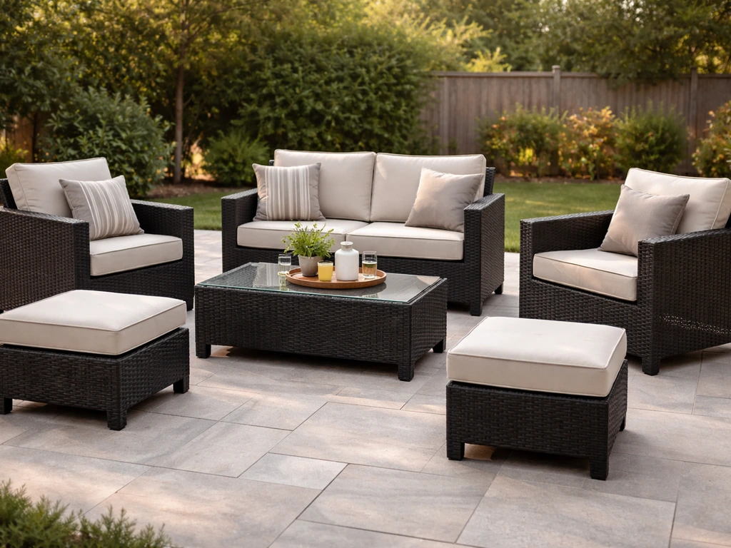 Black PE wicker 7-piece patio furniture set staged outdoors on a tidy patio, inviting buyer-ready feel.