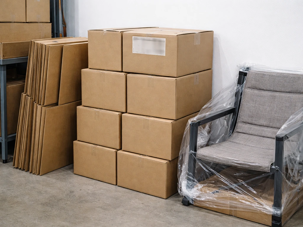 Outdoor patio furniture boxes on a warehouse floor, suggesting a shared retailer label across listings.