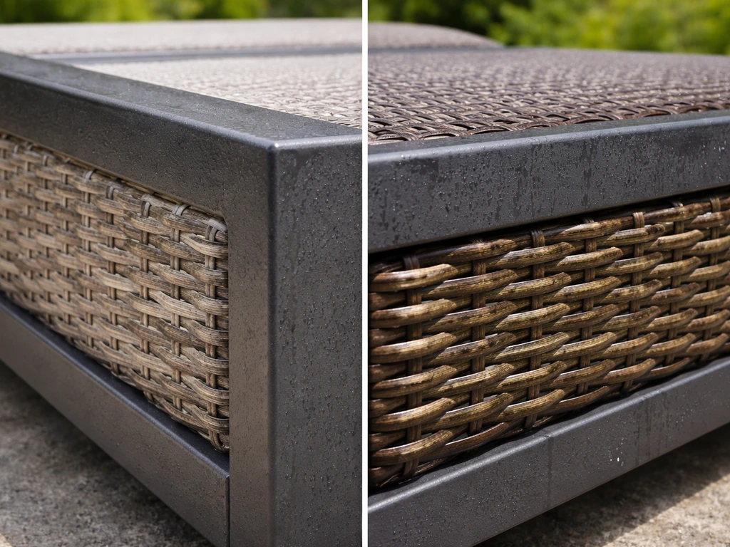 Powder-coated steel frame and PE rattan weave patio set in bright sun, showing weathered vs intact areas