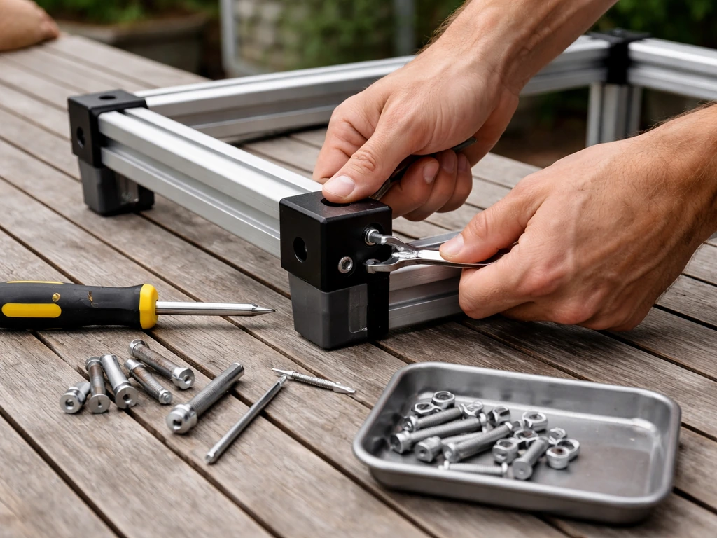 Hands assembling a modular furniture frame on a patio table with tools and hardware nearby.
