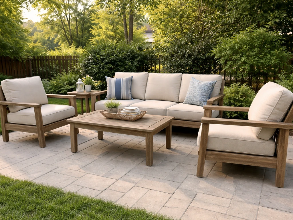 Outdoor patio seating set with neutral cushions on a mid-size backyard patio, natural light, no people.