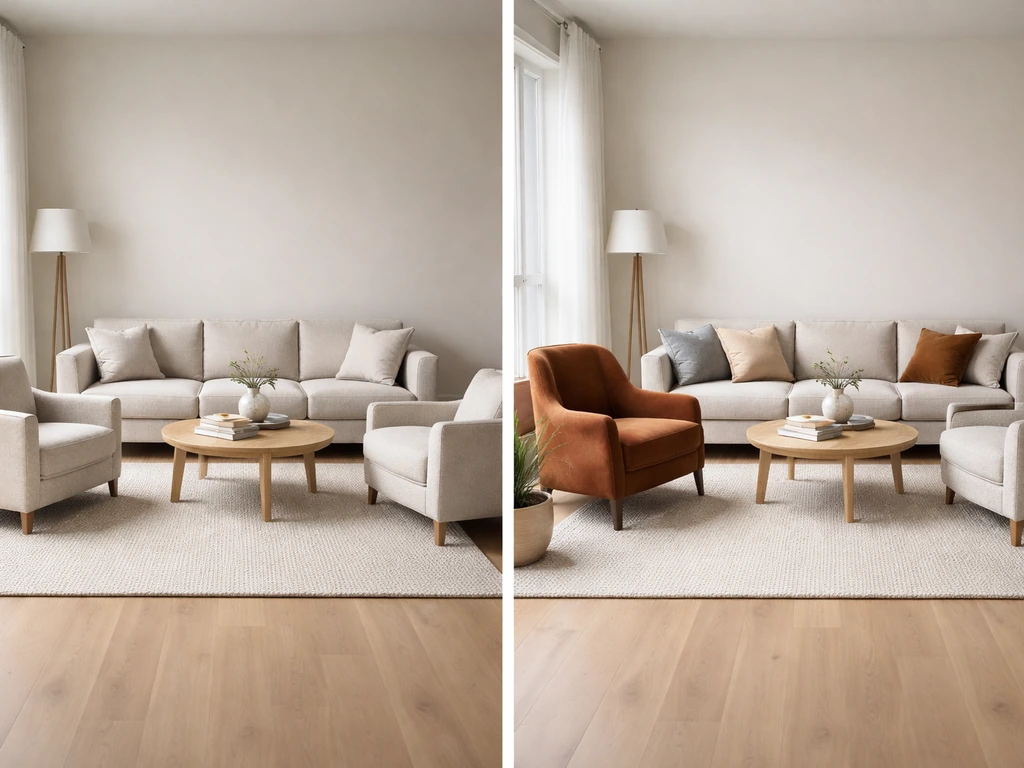 Side-by-side living room seating: a matching set on the left and mixed individual chairs on the right.