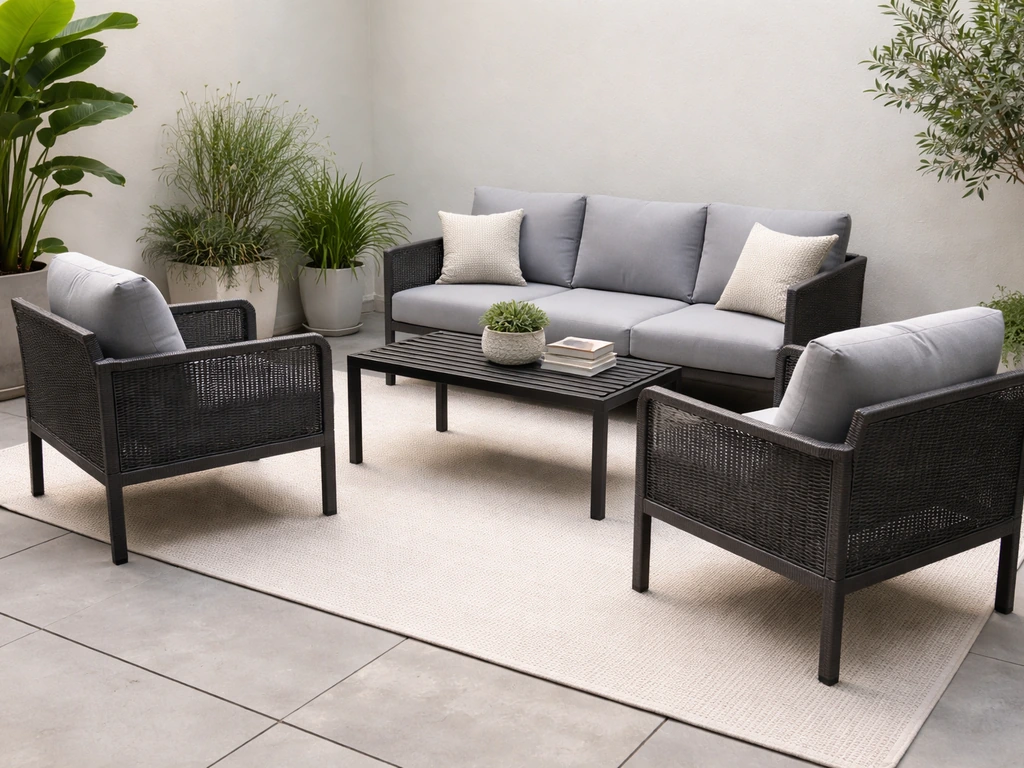 Two gunmetal woven outdoor chairs and a loveseat arranged on a patio with clear spacing for movement.