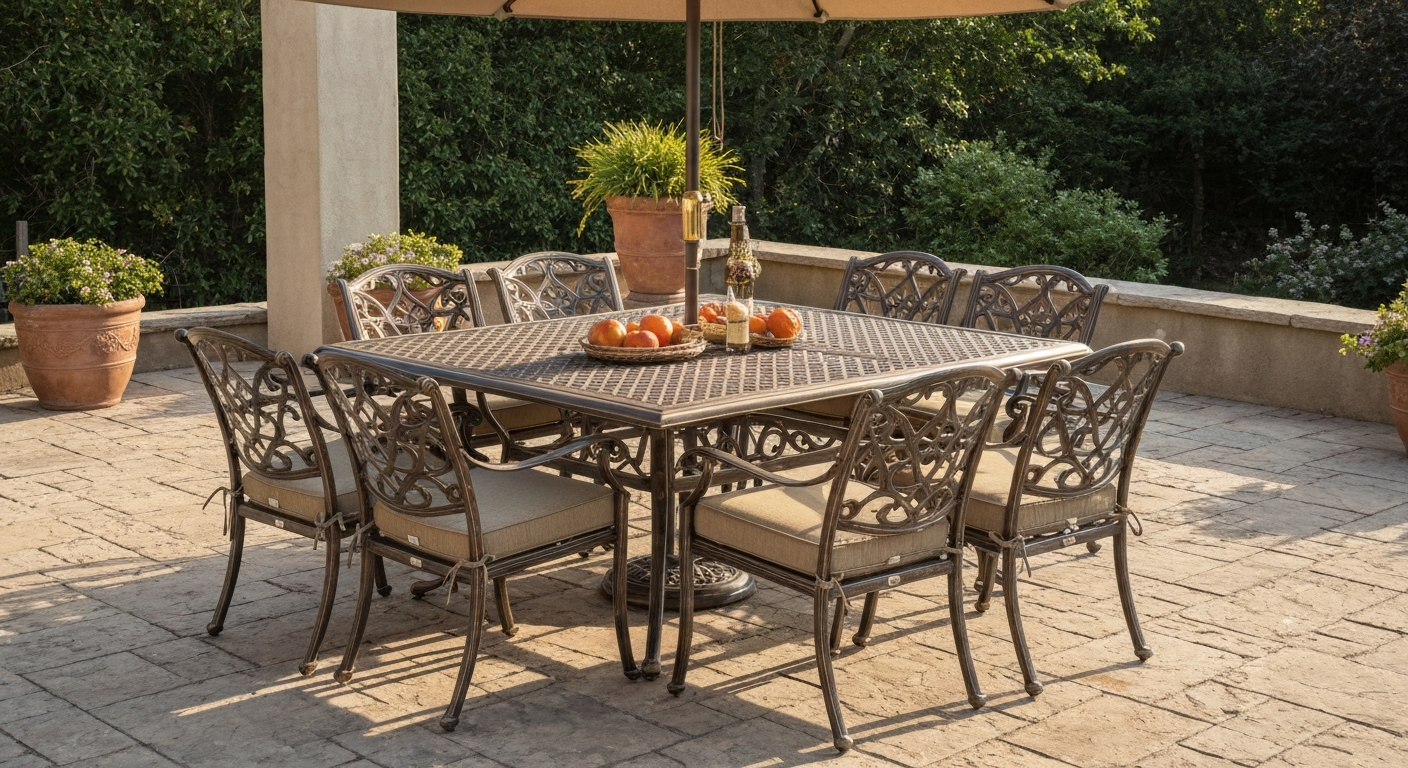 Staged patio with ornate cast aluminum dining set in antique bronze finish, cushions, and umbrella on a stone patio.