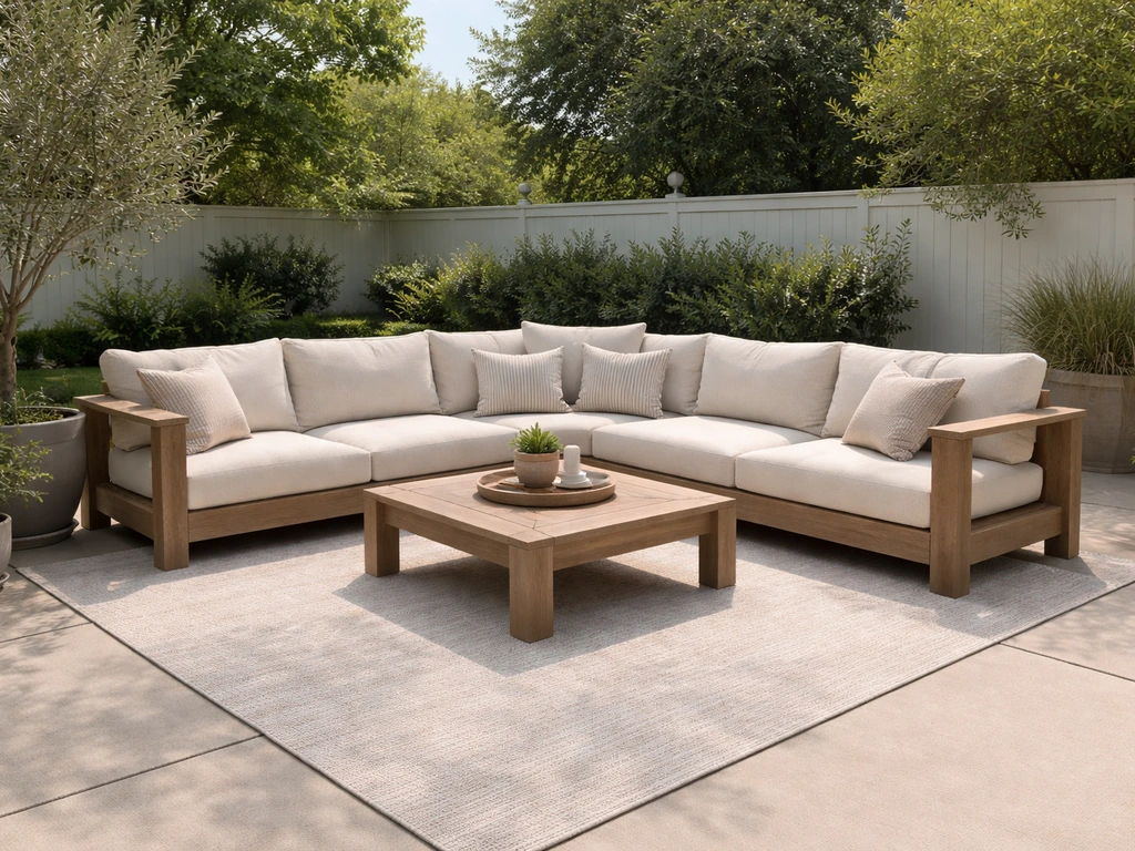 Bright patio with an L-shaped modular teak outdoor seating set and neutral cushions.