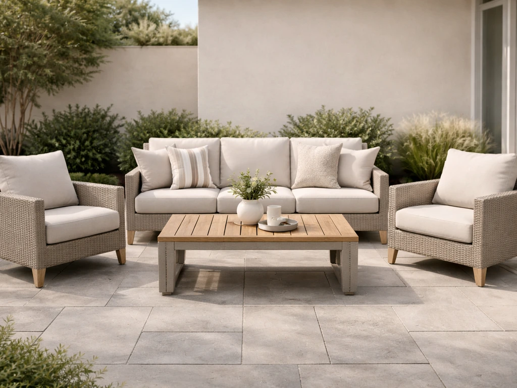 Neutral modern patio set with inviting cushions on a real outdoor patio, ready for relaxed lounging.