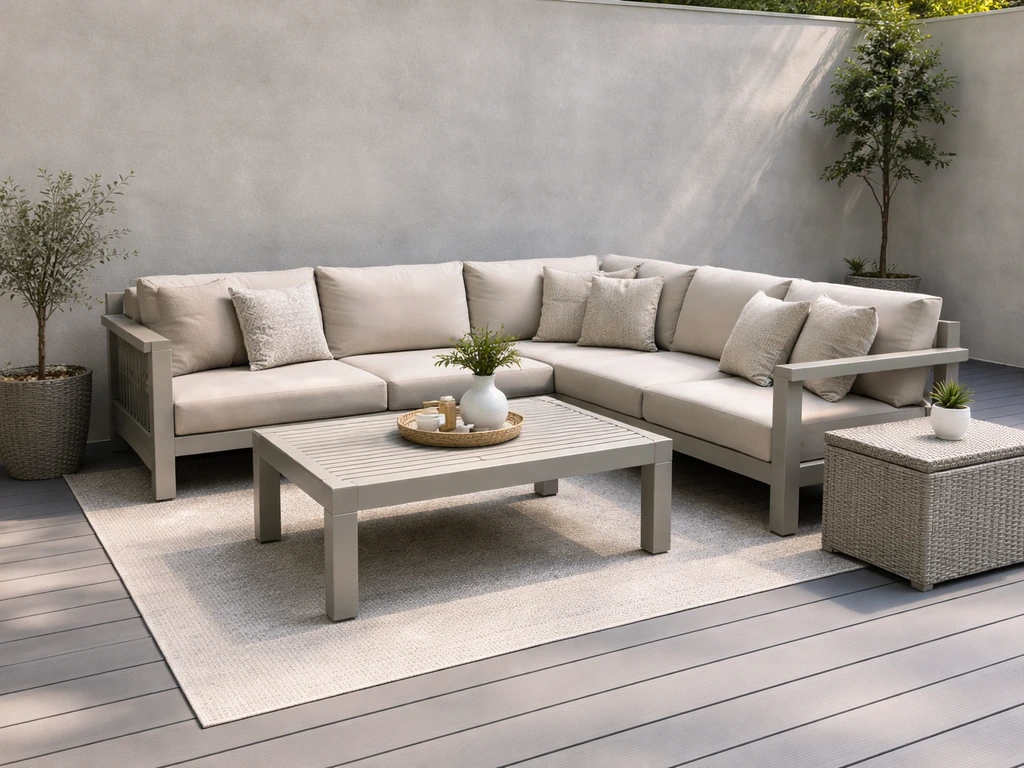 Modern neutral outdoor sectional with matching tables arranged on a quiet patio deck