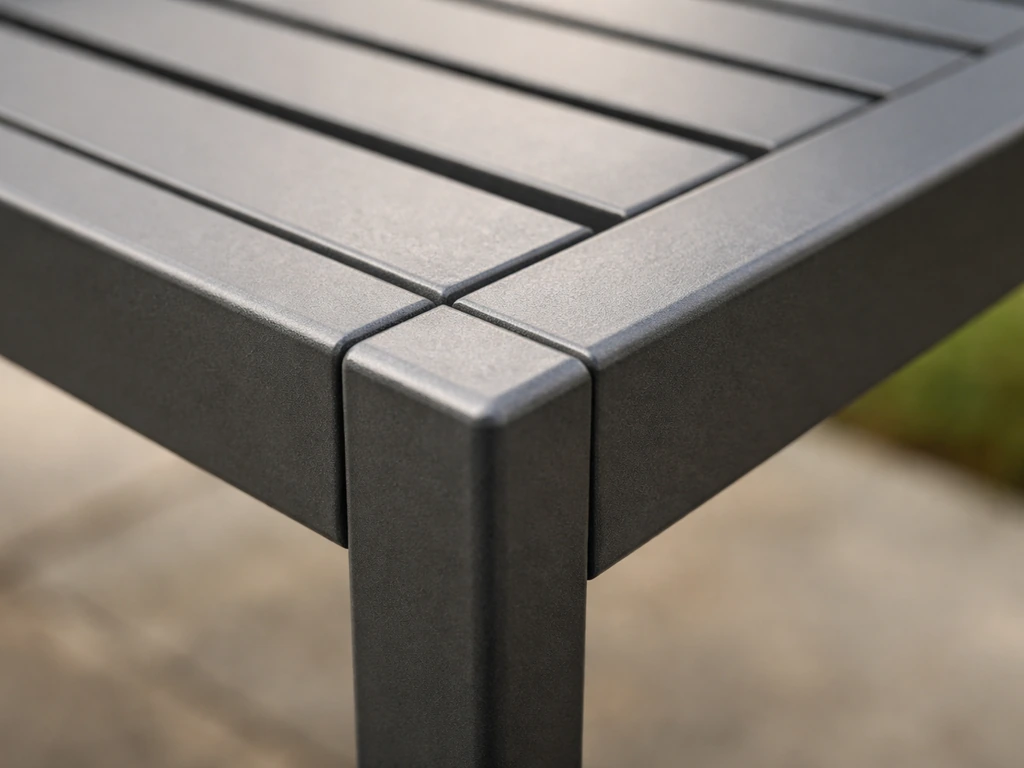 Close-up of powder-coated aluminum table frame and parallel slats, highlighting the durable finish