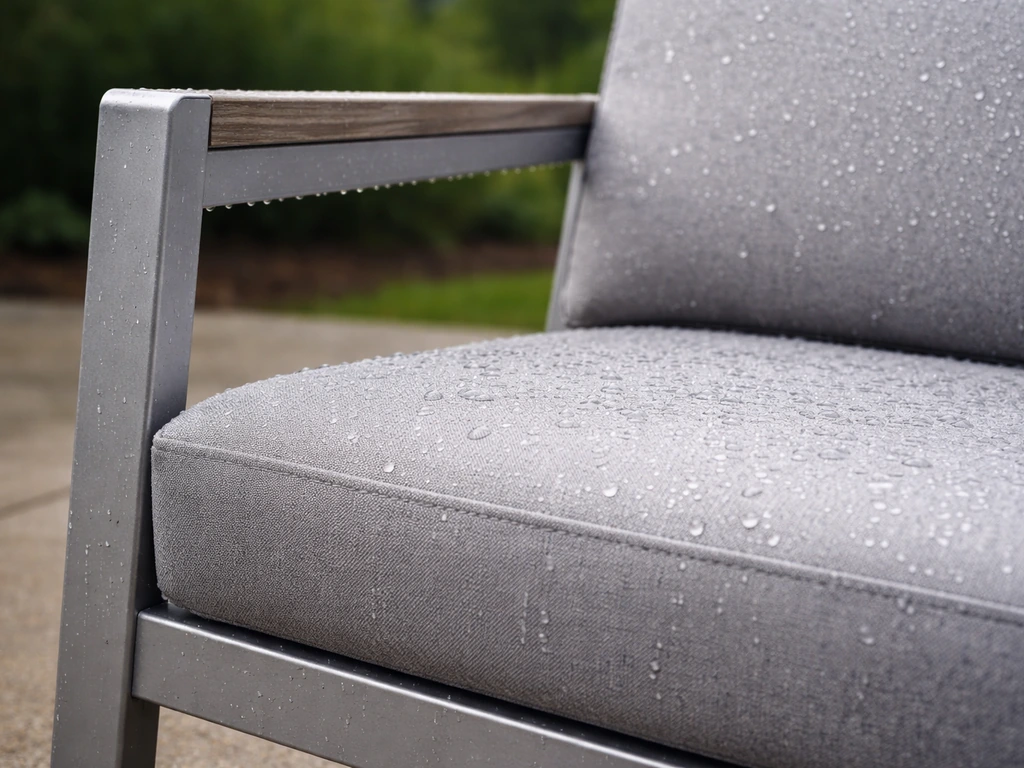 Patio cushions lightly wet beside a dry aluminum chair frame on an outdoor surface after light rain.