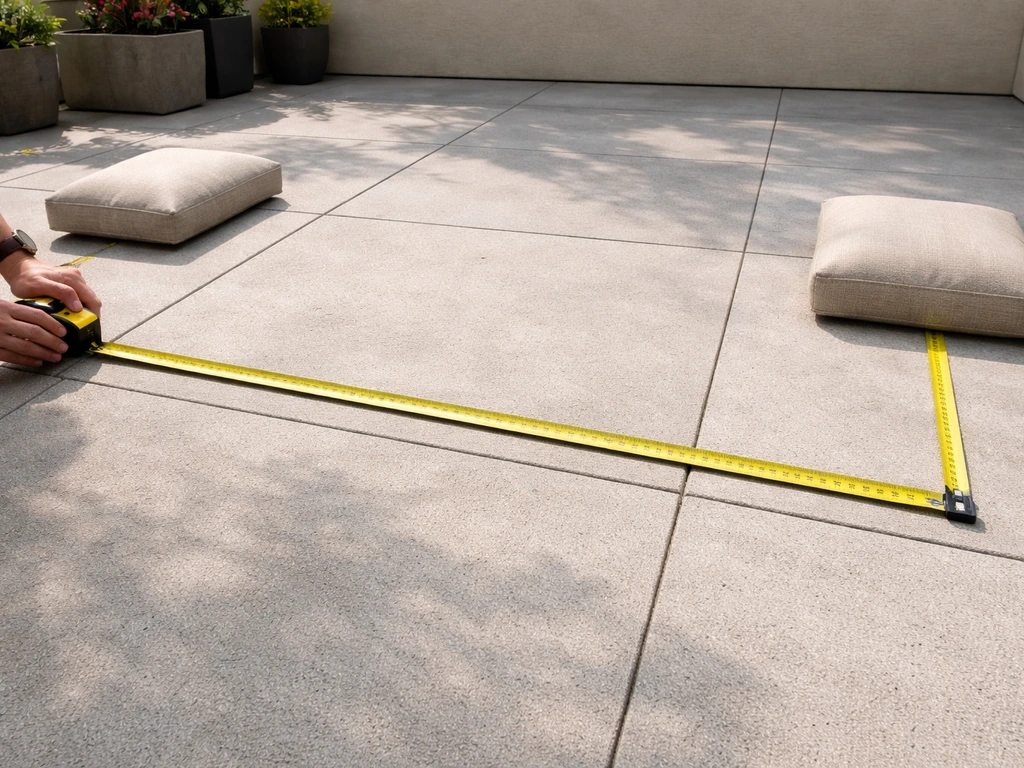 Tape measure laid out on a patio floor with cushions marking a sectional footprint and clear spacing.
