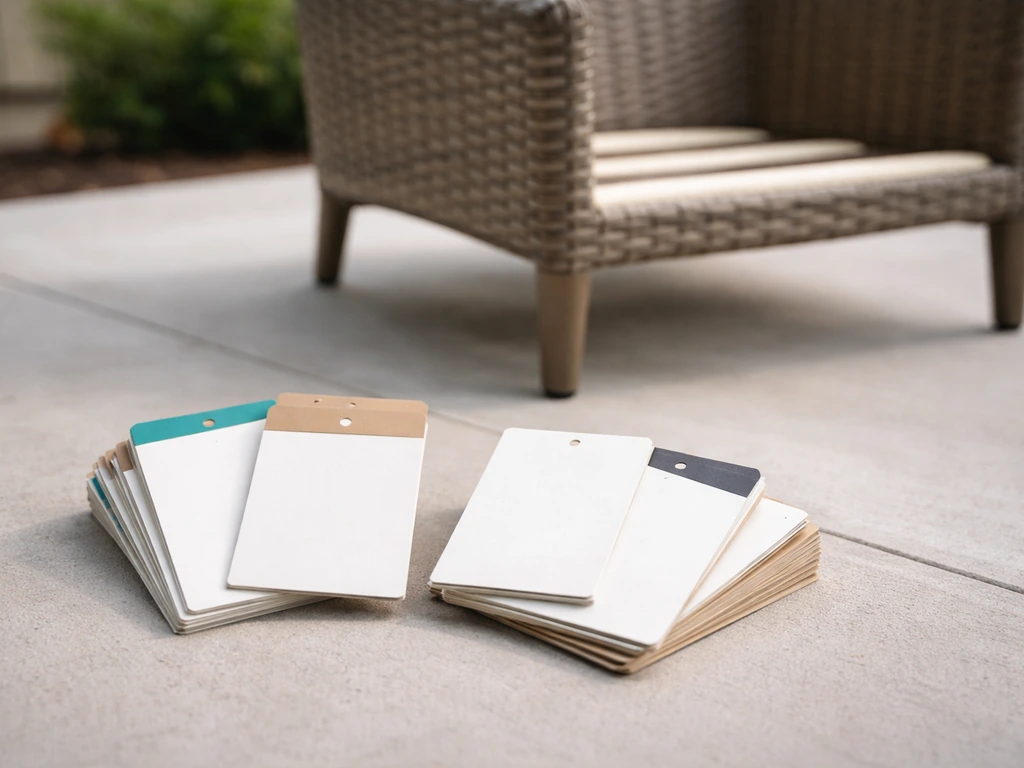 Blank hang tags beside an outdoor patio chair, suggesting the same line labeled differently by retailers.