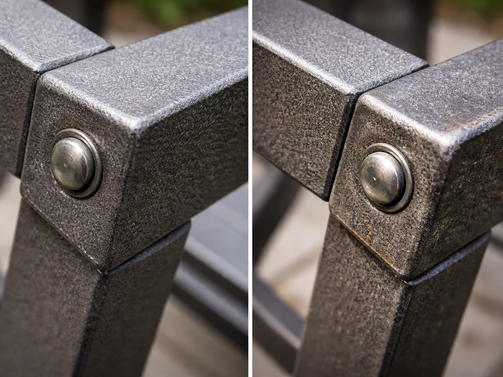 Macro closeup of a cast aluminum patio frame showing smooth frame texture and worn finish near hardware joints.